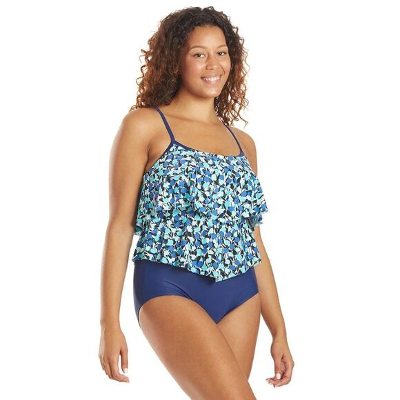 Maxine Of Hollywood  Size 14 One Piece Swimsuit Tiered Blue Green - Picture 1 of 16